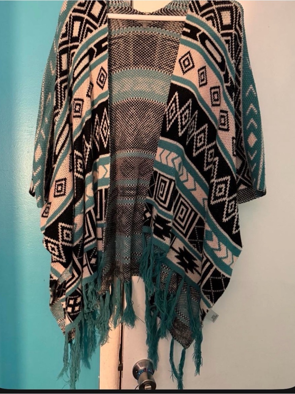 Charlotte Russe Teal, Black & Cream Geometric Knit Poncho
